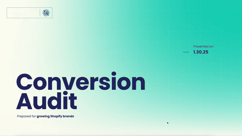 Gradient background with text 'Conversion Audit' and 'Prepared for growing Shopify brands'.