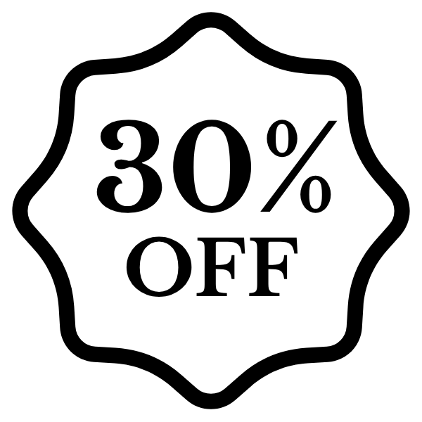 Black and white emblem with '30% OFF' in bold text.