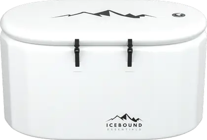 White cooler with mountain logo and black latches.
