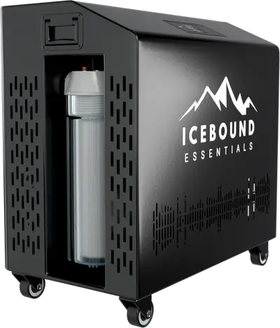 Black wheeled water filtration unit with 'Icebound Essentials' logo and mountain graphic.