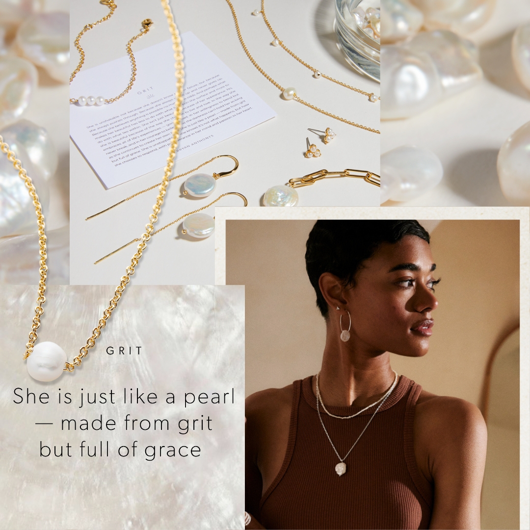 A collage promoting pearl jewelry from the 'GRIT' collection, set against a background of large, luminous baroque pearls. The collage shows several close-up views of gold jewelry, including long drop earrings with baroque pearls, chunky chain bracelets, and layered necklaces with small white pearls. The bottom section features a woman wearing a pearl pendant necklace, and an overlay quote reads: 'She is just like a pearl — made from grit but full of grace.