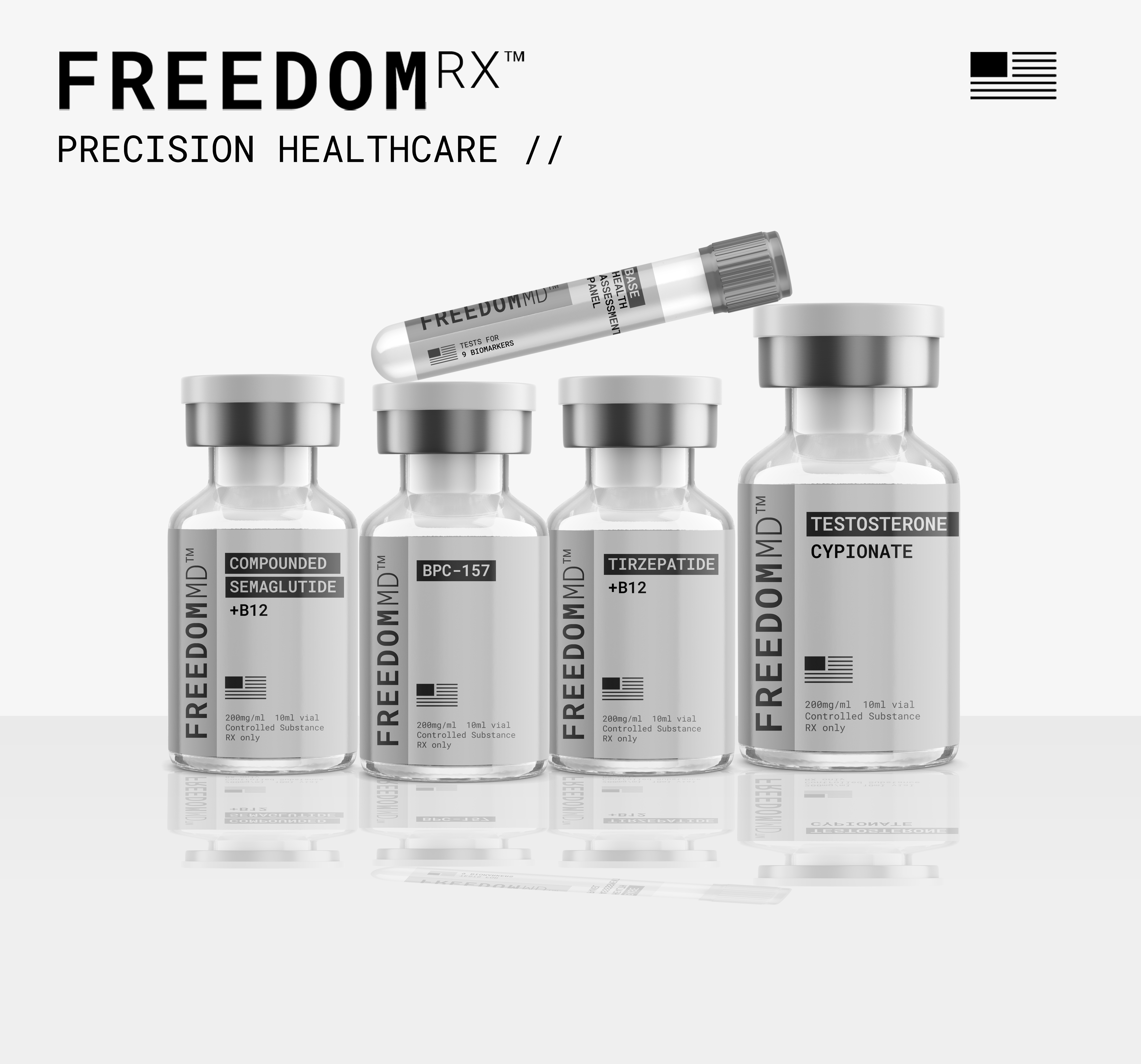 Four medical vials labeled FREEDOM MD and a test tube above.