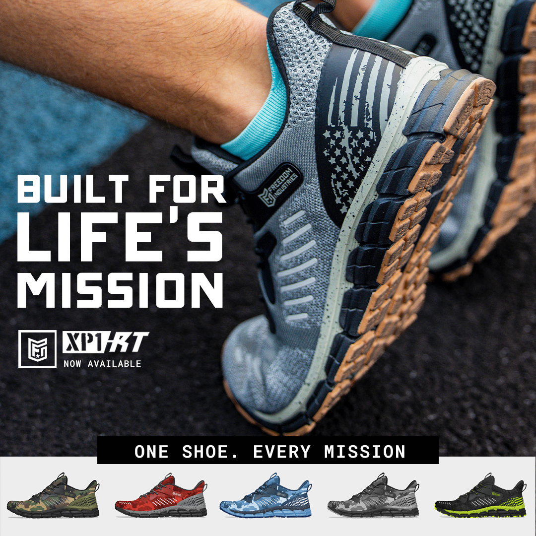 Gray athletic shoe with star pattern and text 'Built for Life's Mission.'
