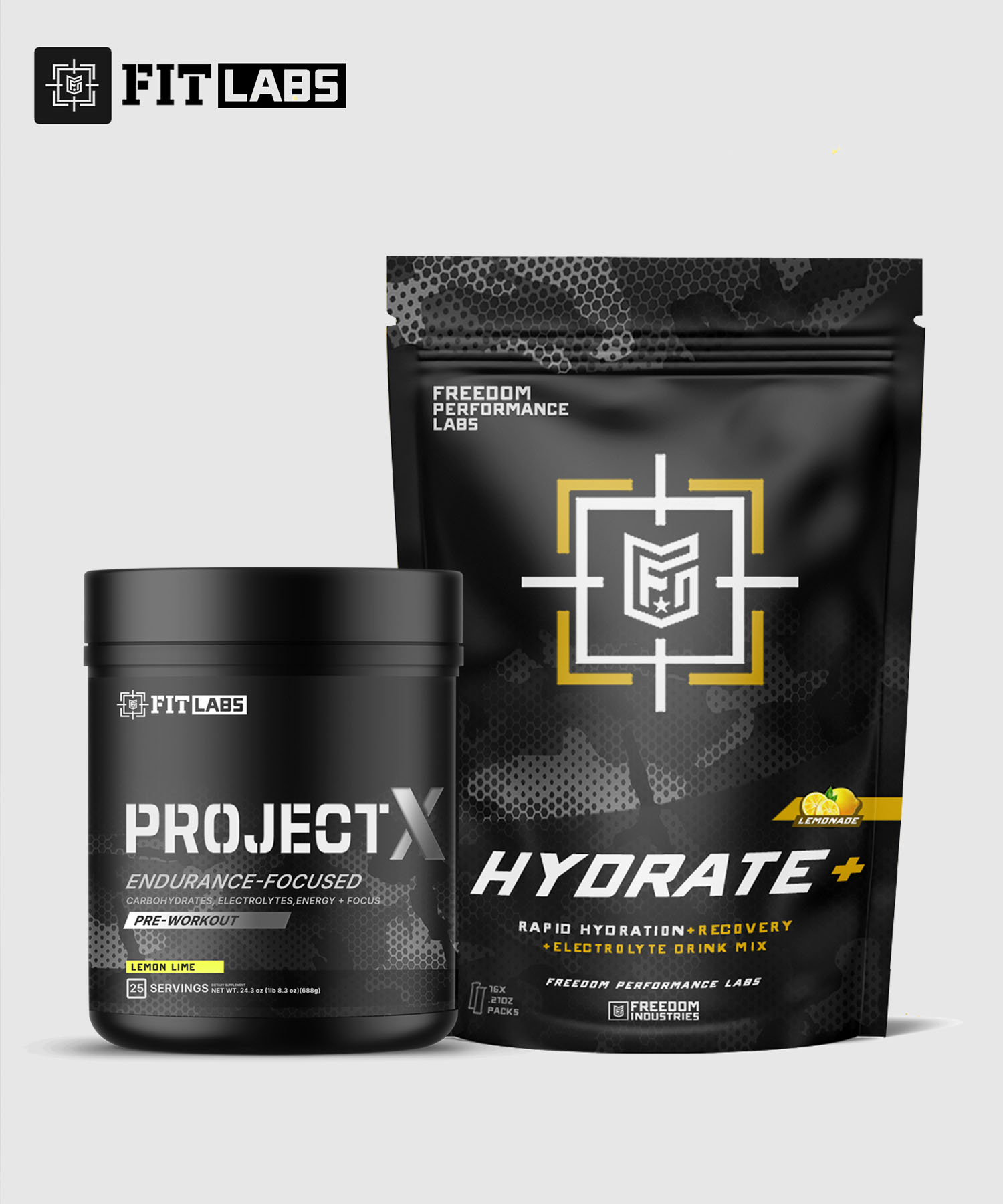 Two black containers of dietary supplements with 'Project X' and 'Hydrate' labels.