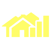 Yellow icon of houses and bar graph on white background.