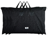 A large black mesh portfolio bag with three sets of handles on a white background.