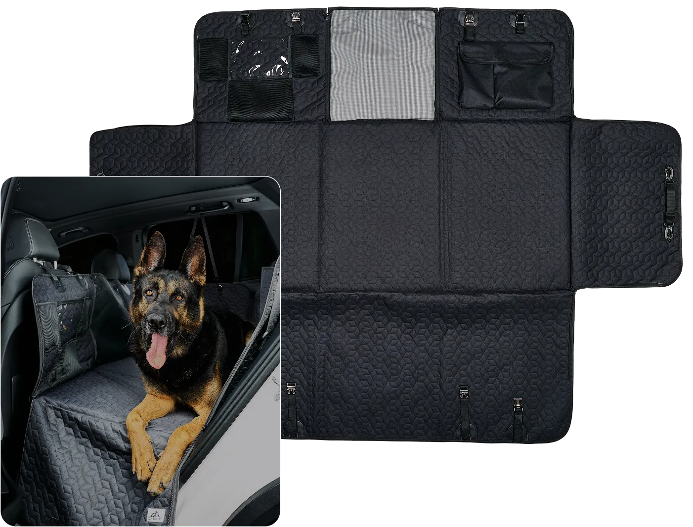 A black quilted pet car seat cover laid out flat, with an inset showing it in use.