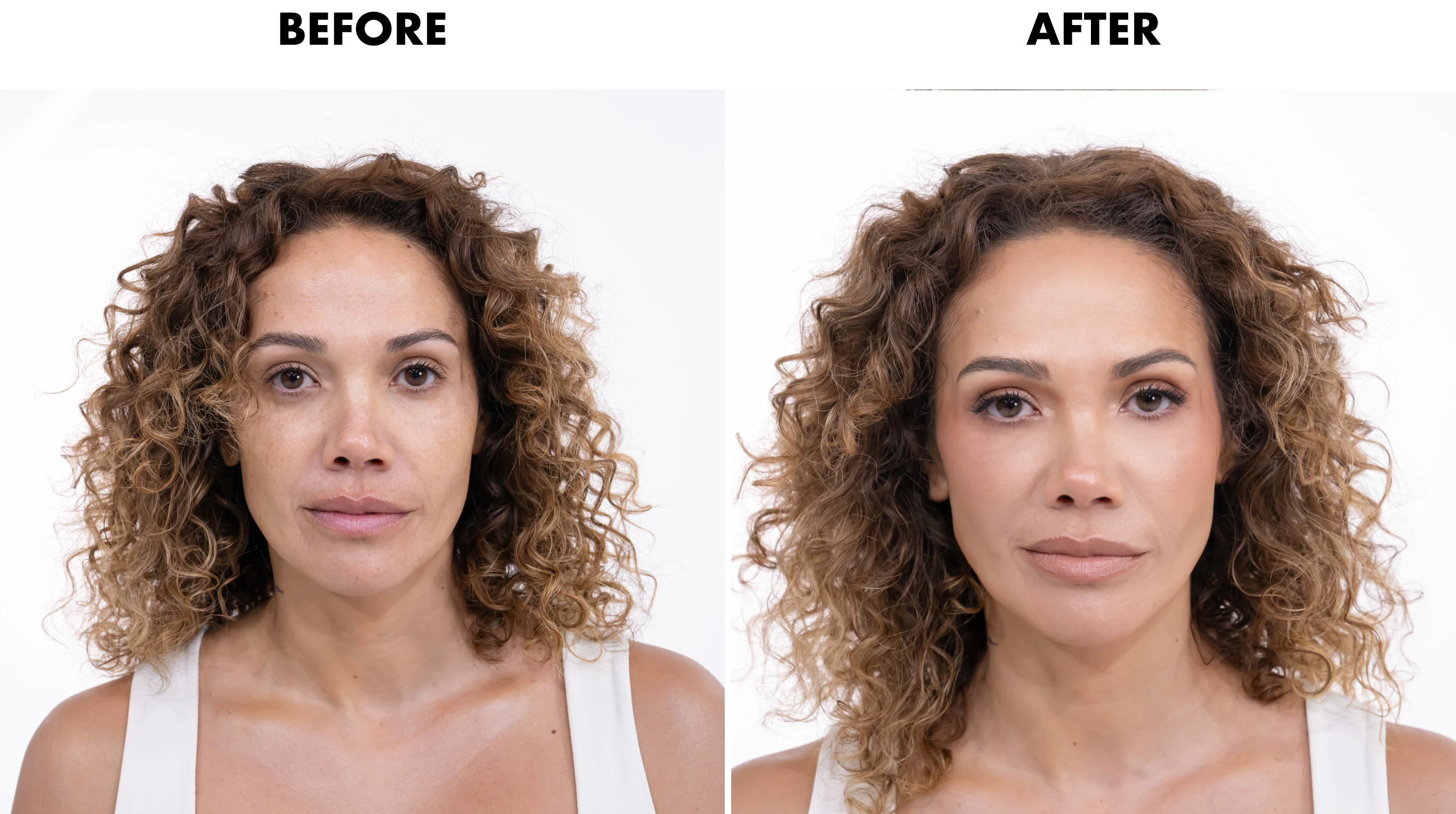 A before and after diptych of a woman's face, first without makeup and then with makeup applied.