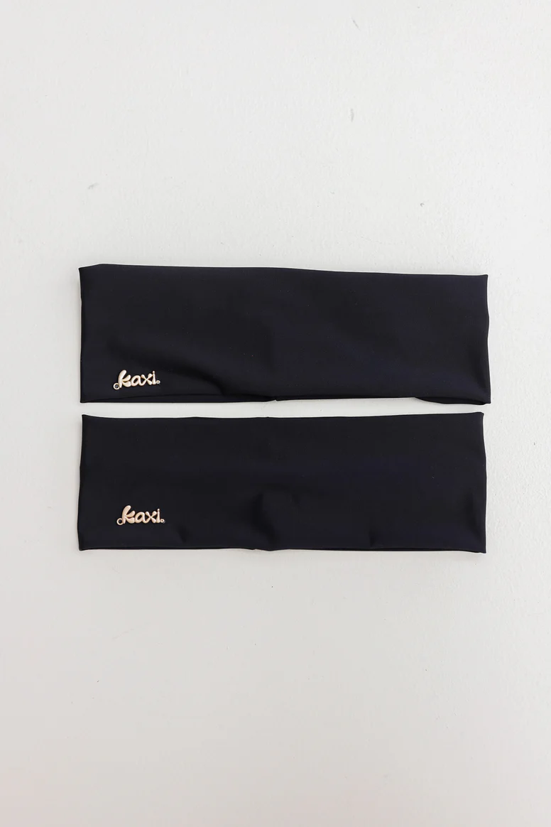 Two black fabric headbands with a logo on a white background.