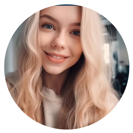 Smiling person with long blonde hair in a circular frame.