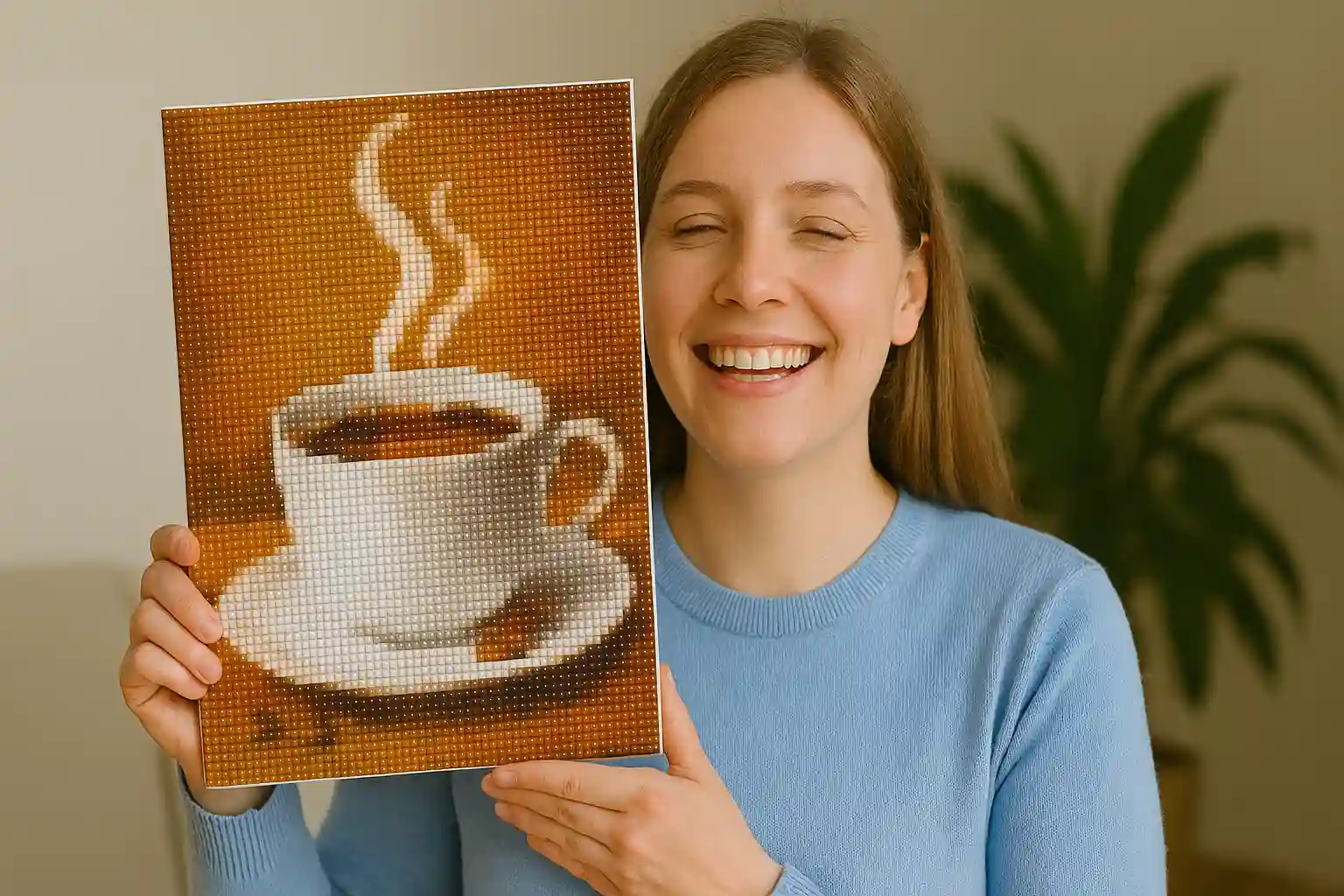 Person holding a mosaic art of a steaming coffee cup.