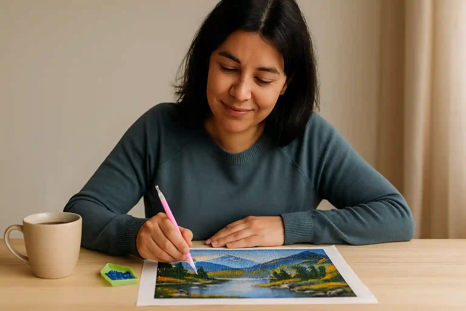 Person working on a colorful painting with a pen, cup on table.