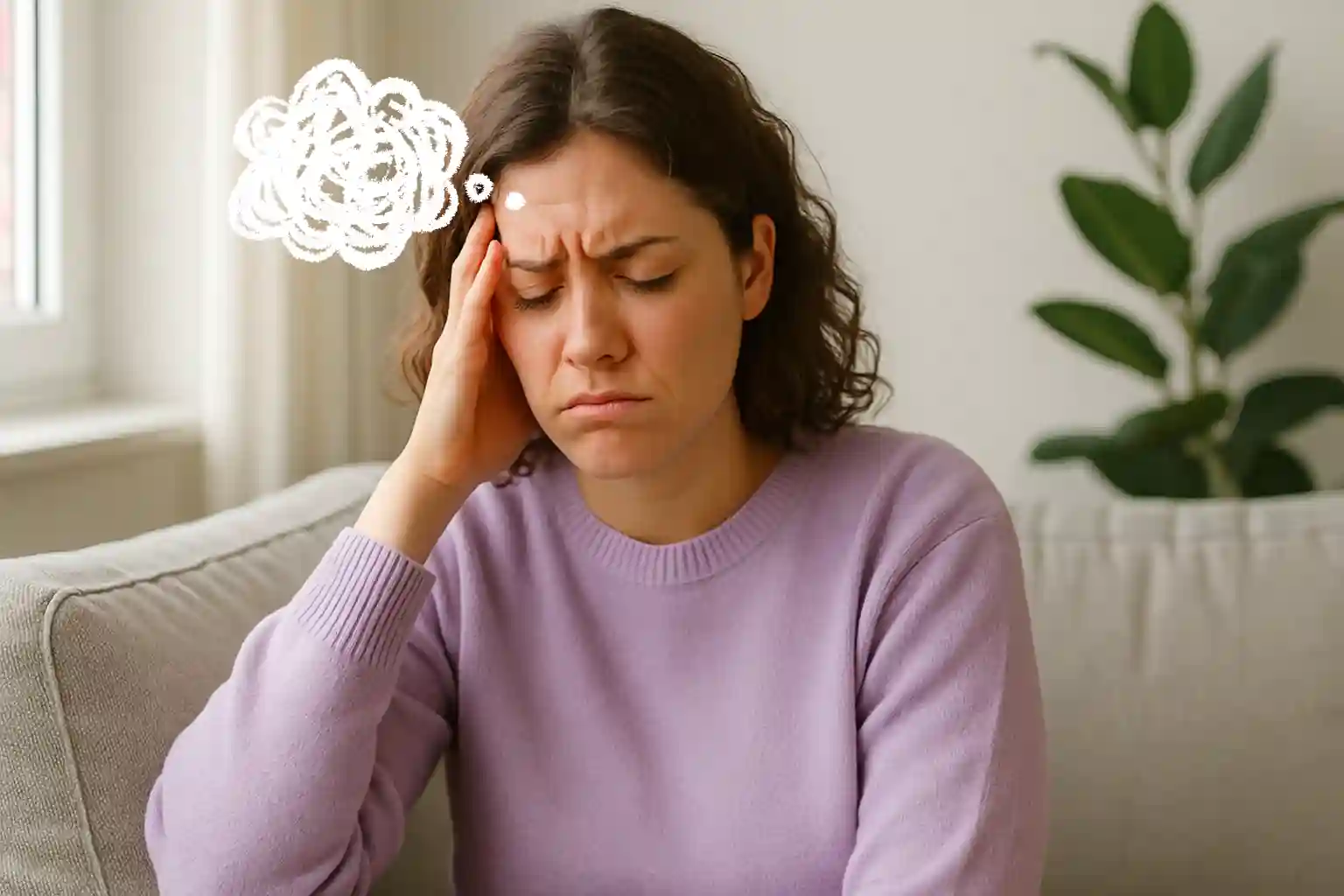 Person holding head with a drawn thought cloud, looking stressed.