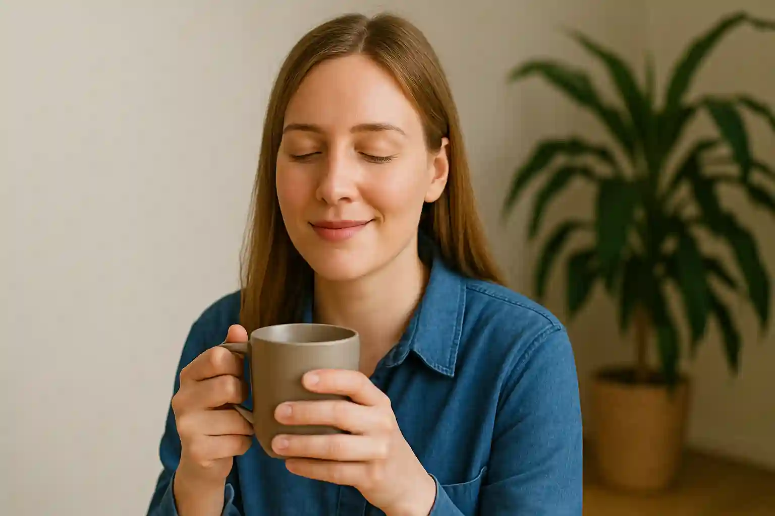 Person enjoying a hot drink with eyes closed, plant in background.