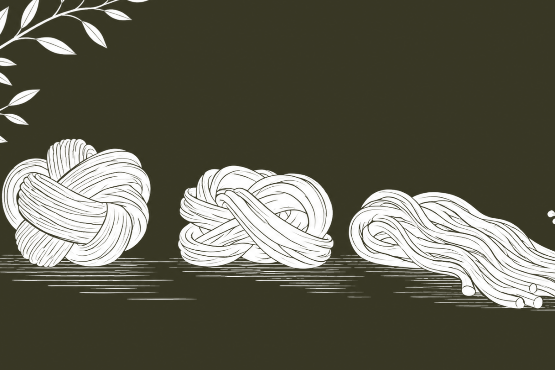 A white line drawing of pasta in three stages, from knotted dough to loose noodles.
