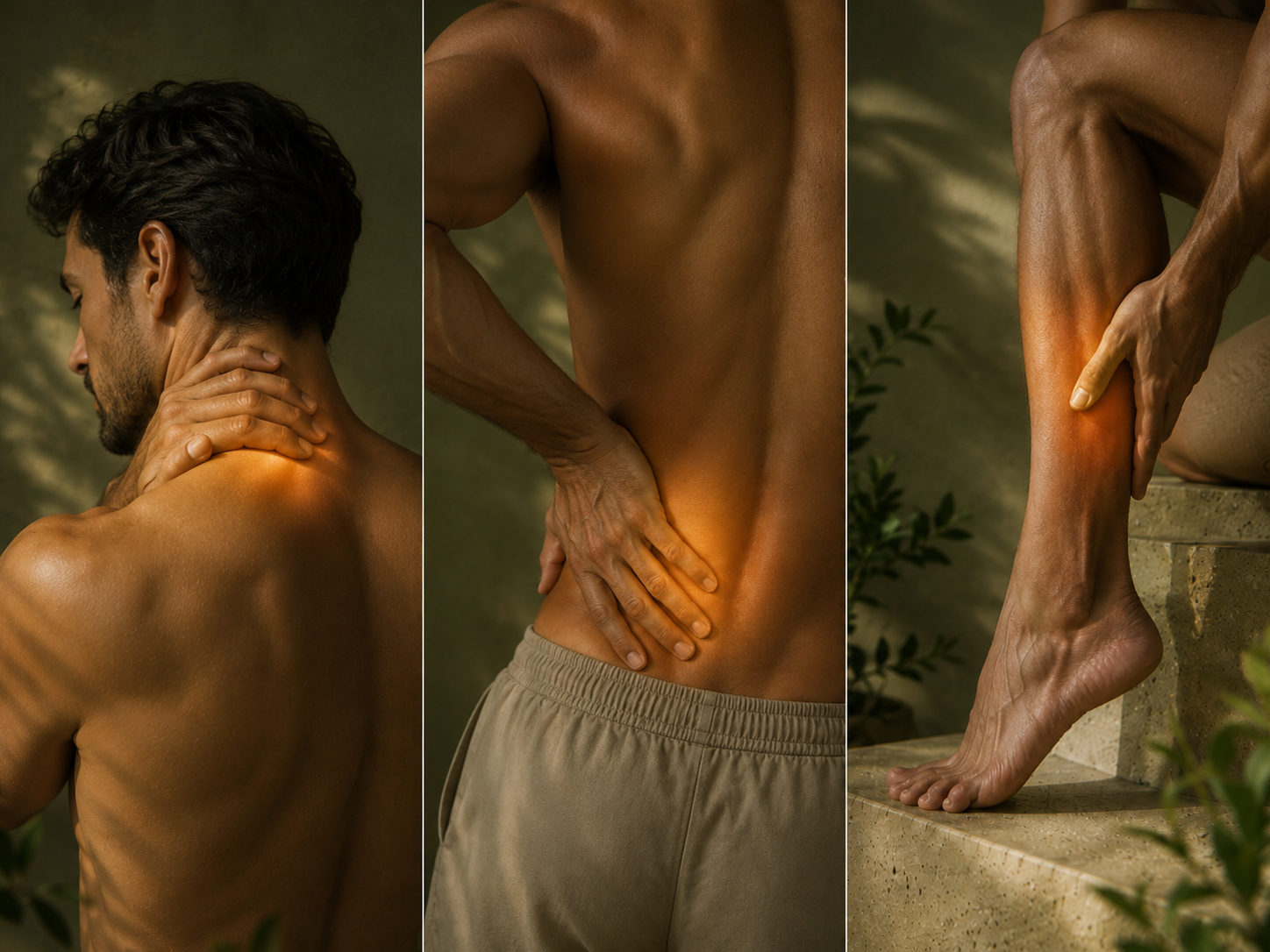 A photo collage of a man with highlighted pain points on his neck, back, and leg.