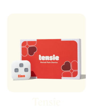 Period pain device and packaging with a red and white design.