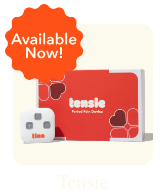 A period pain relief device and its red packaging box labeled 'tensie'.