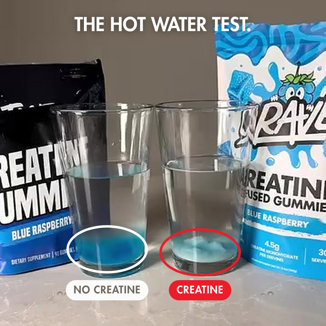 A hot water test comparing two brands of blue raspberry creatine gummies dissolving differently in glasses of water.