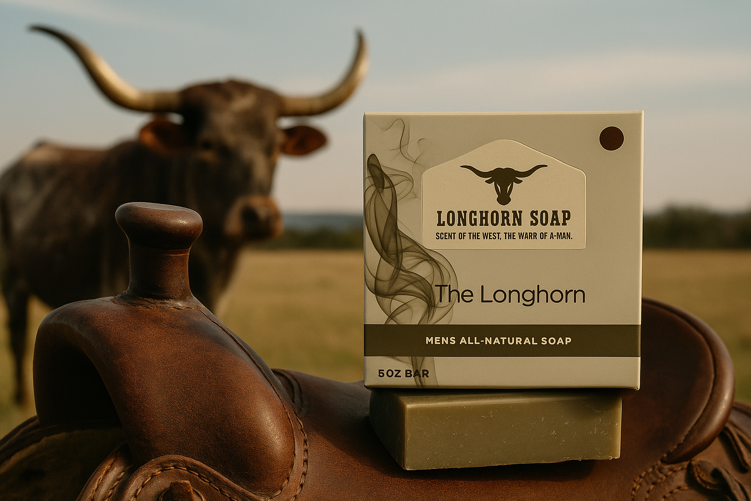 Box of Longhorn Soap on a saddle with a longhorn in the background.