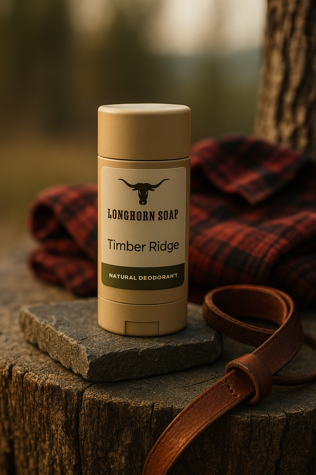 A deodorant stick labeled 'Longhorn Soap Timber Ridge' on a wooden surface with a belt and cloth.