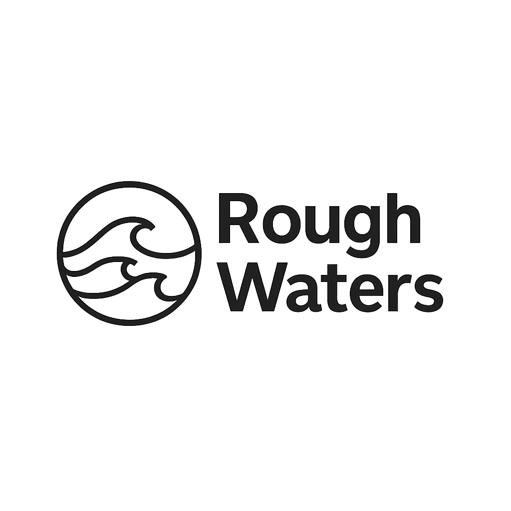 Logo with waves icon and text 'Rough Waters' on a gray background.