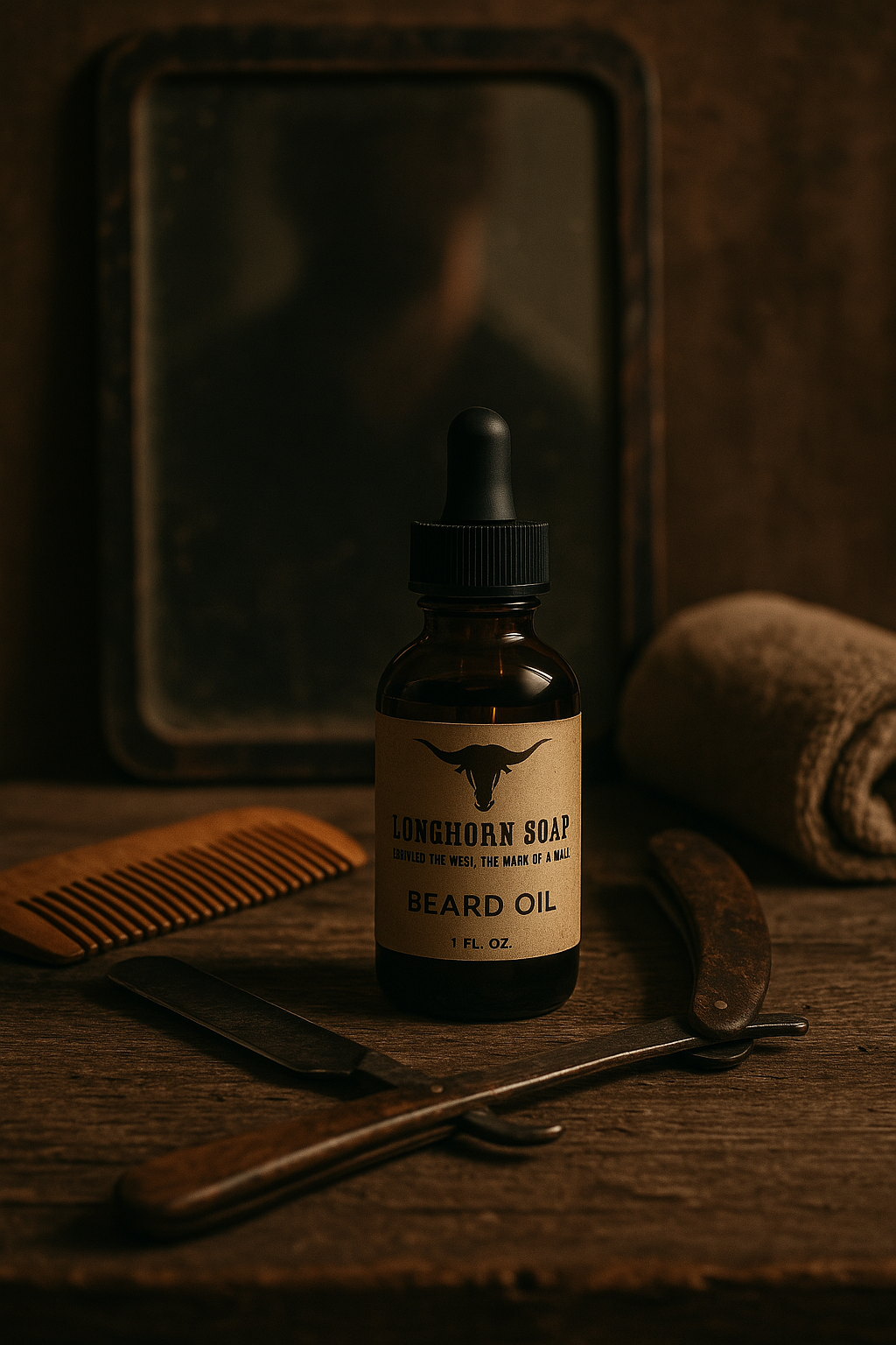 Beard oil bottle with comb, razor, and towel on a wooden surface.