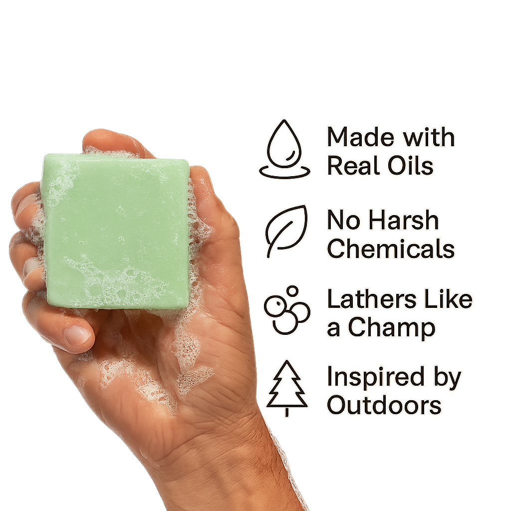 Hand holding a green soap bar with text about its natural ingredients.