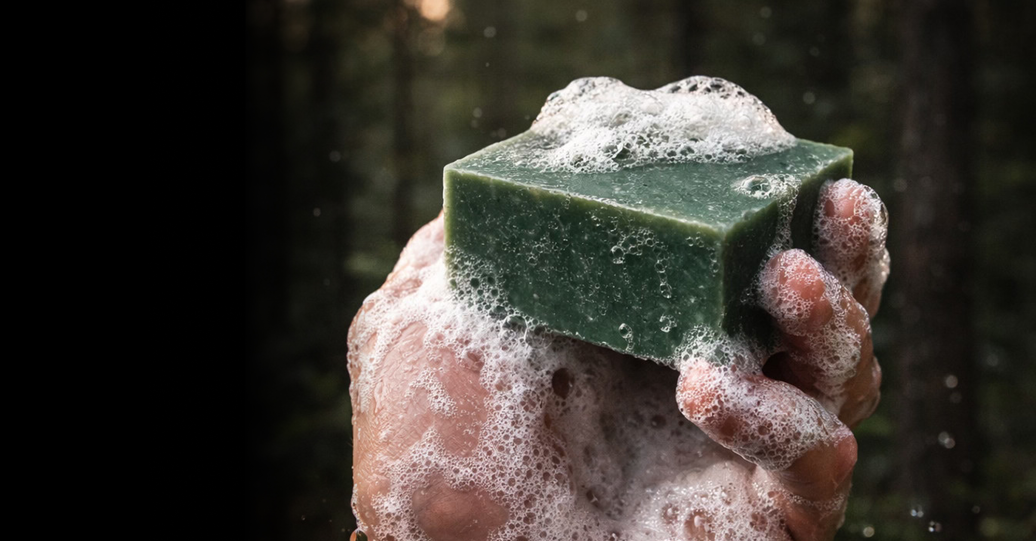 Hand holding a green bar of soap covered in bubbles.