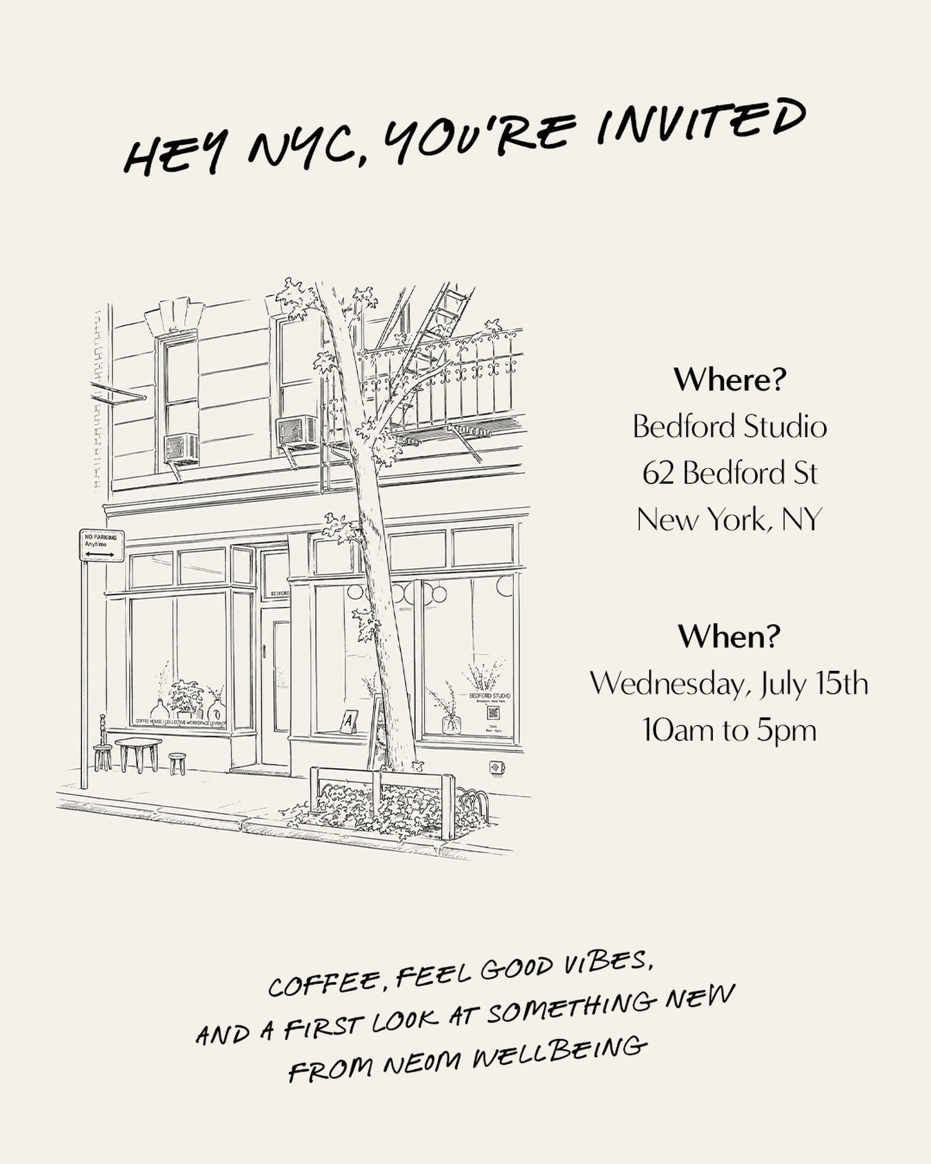 An illustrated invitation for a Neom Wellbeing event at Bedford Studio in New York City on July 15th.