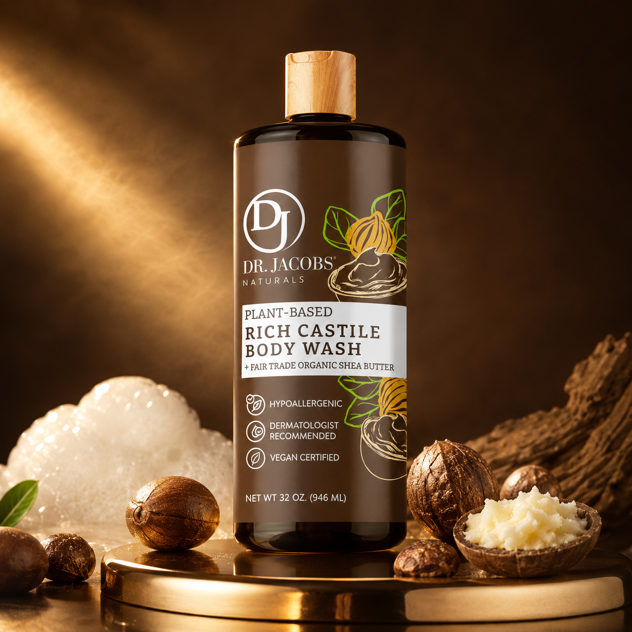 A bottle of Dr. Jacobs body wash on a gold pedestal with shea nuts, shea butter, and foam.