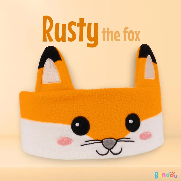 Orange and white fox-themed headband with 'Rusty the fox' text.