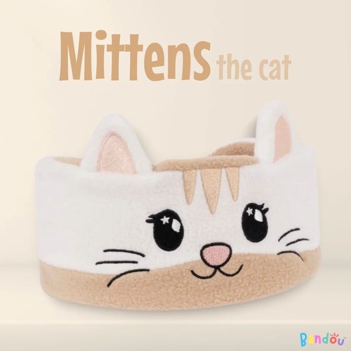 Cat-themed headband with ears and eyes, labeled 'Mittens the cat.'