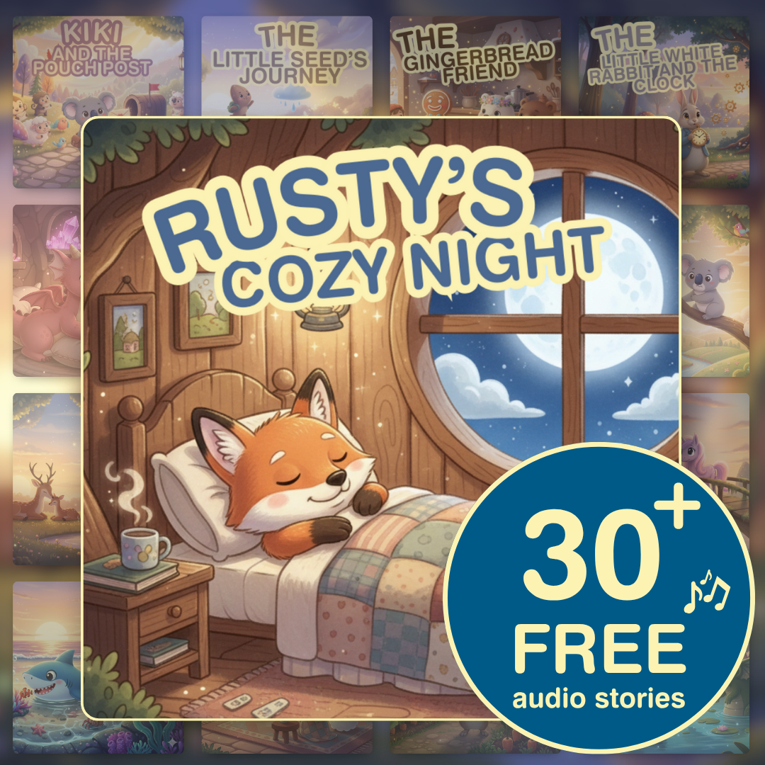 Illustration of a sleeping fox in a cozy room under the text 'Rusty's Cozy Night'.