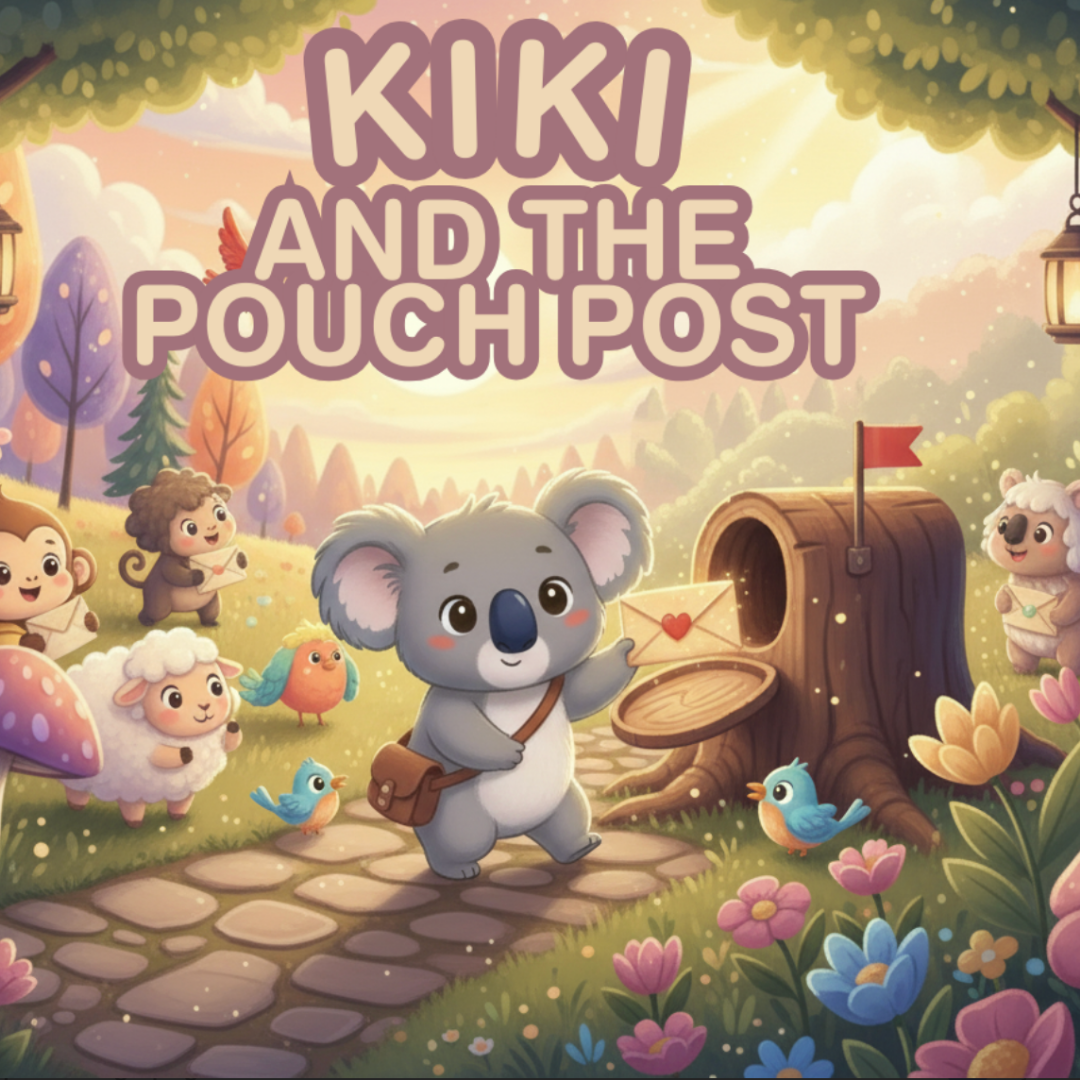 Cartoon koala delivers mail in a forest, surrounded by animals and flowers.