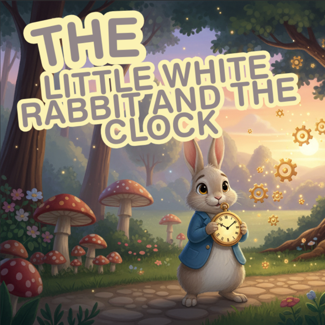 Rabbit in a forest holding a clock, surrounded by gears and mushrooms.