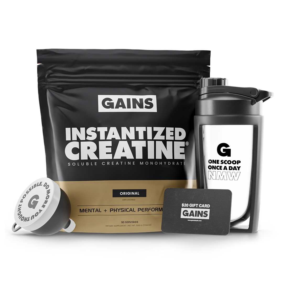 Creatine supplement package with shaker bottle and $20 gift card.