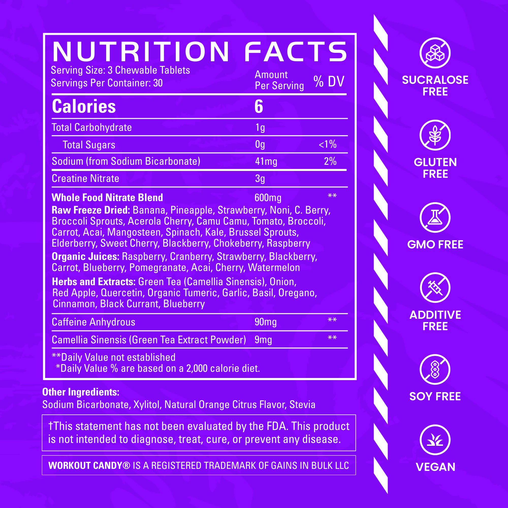 The nutrition facts label for a workout supplement on a purple background with white text and icons.