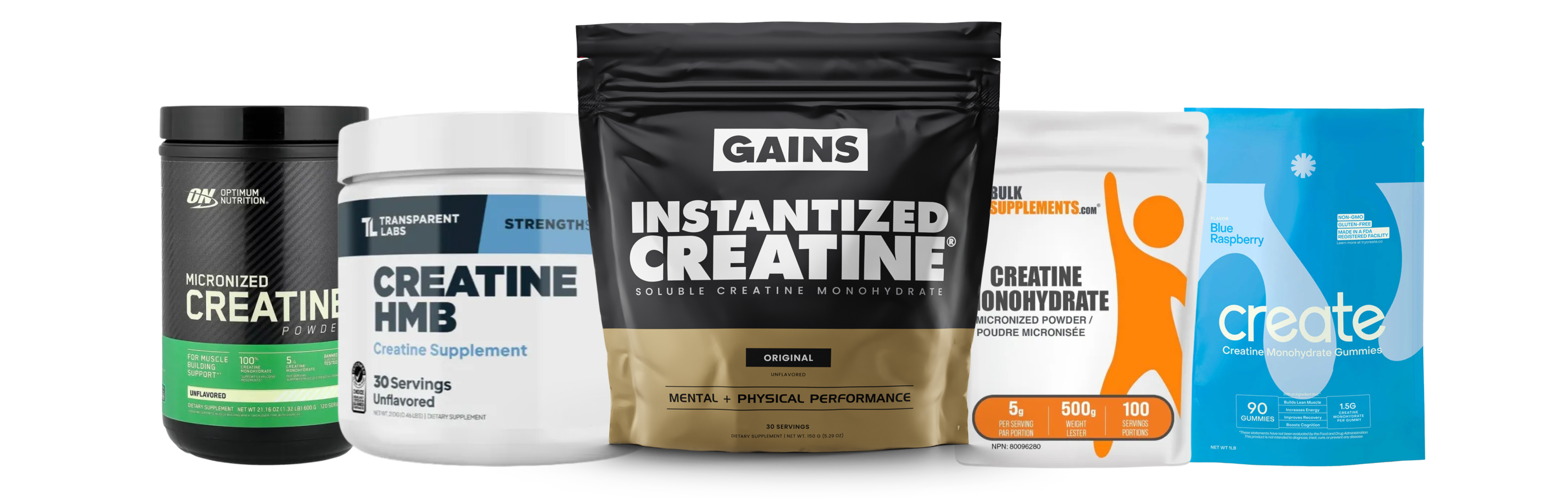 A lineup of five different creatine supplement products from various brands, displayed in tubs and pouches.