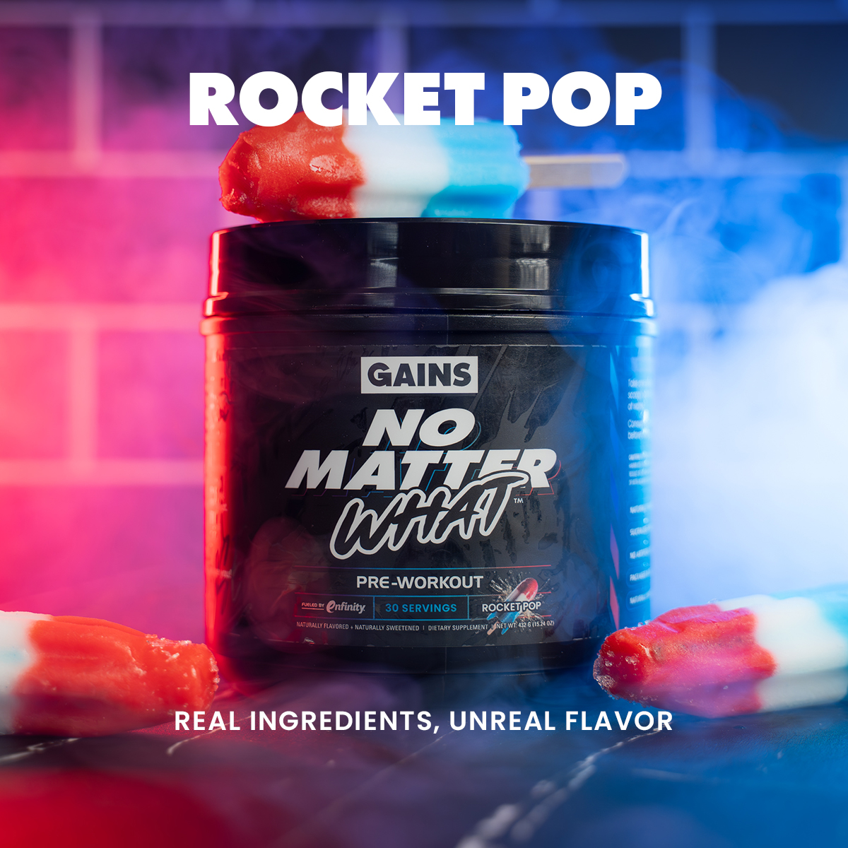 Black container with 'No Matter What' and rocket pop-themed design.
