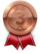 A bronze medal with the number 3 on it, and a red ribbon attached.