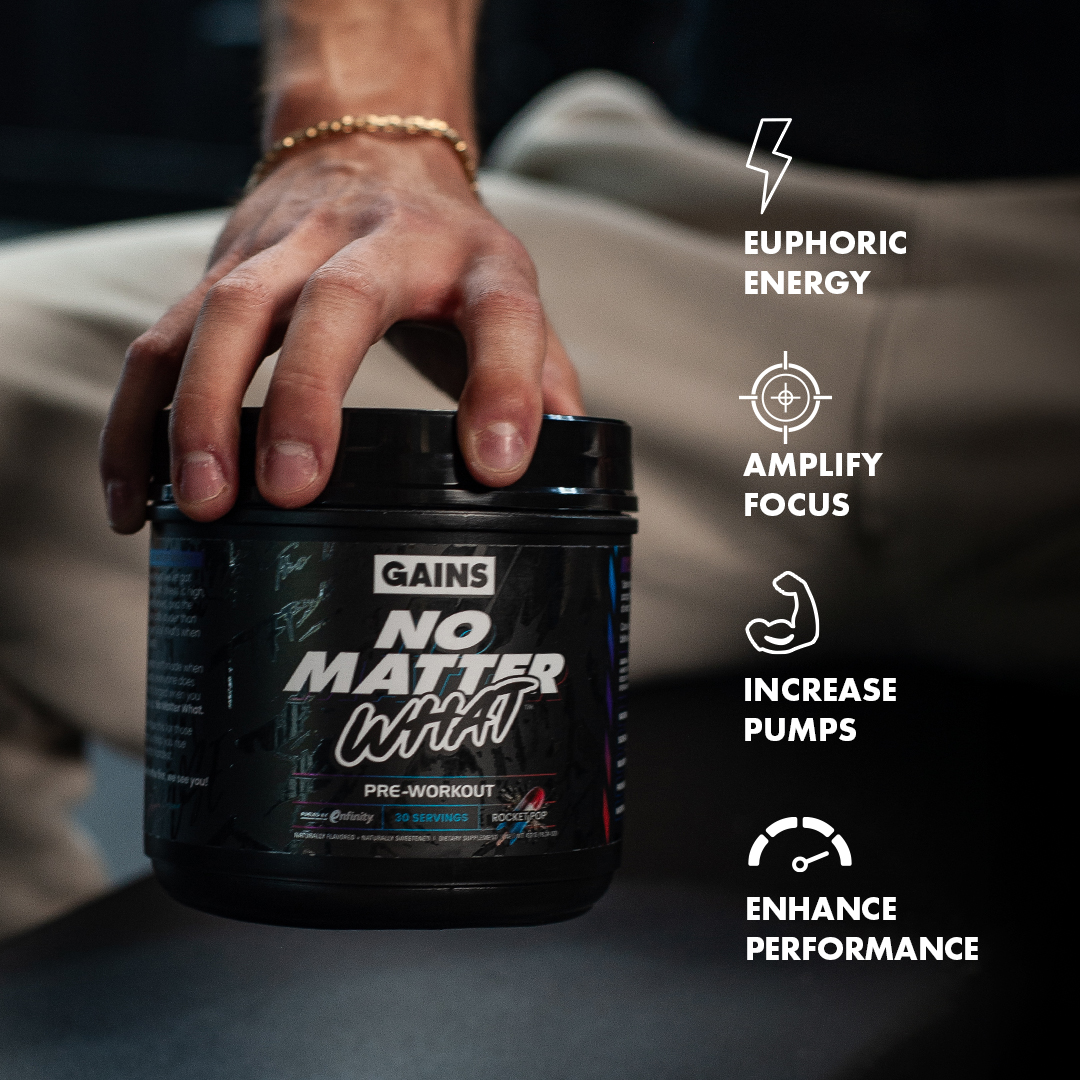 Hand holding supplement container, icons and text highlighting benefits on right.