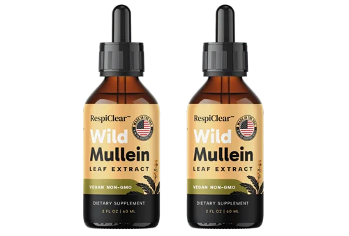 Two identical bottles of RespiClear Wild Mullein Leaf Extract dietary supplement with dropper caps.
