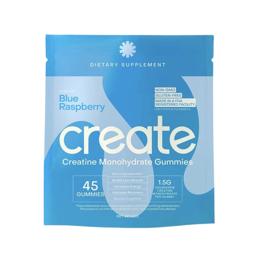 Blue raspberry creatine monohydrate gummies packaging, labeled as dietary supplement.