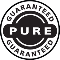 A black and white circular seal that reads 'Guaranteed Pure Guaranteed'.