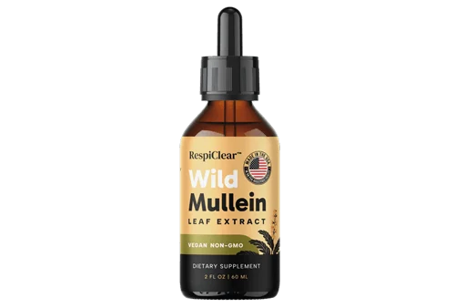 A bottle of RespiClear Wild Mullein Leaf Extract dietary supplement on a white background.