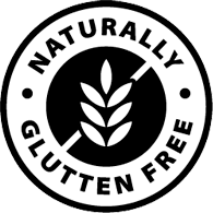 A black and white circular seal that reads 'Naturally Gluten Free' with a crossed-out wheat stalk in the center.