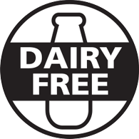 A black and white circular icon with the words 'DAIRY FREE' over a milk bottle outline.