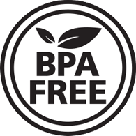 A black and white circular seal with the text 'BPA FREE' and a leaf logo.