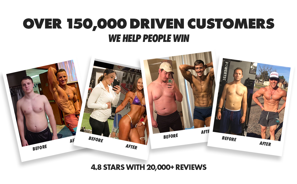 Before and after transformation photos of individuals showcasing fitness progress.